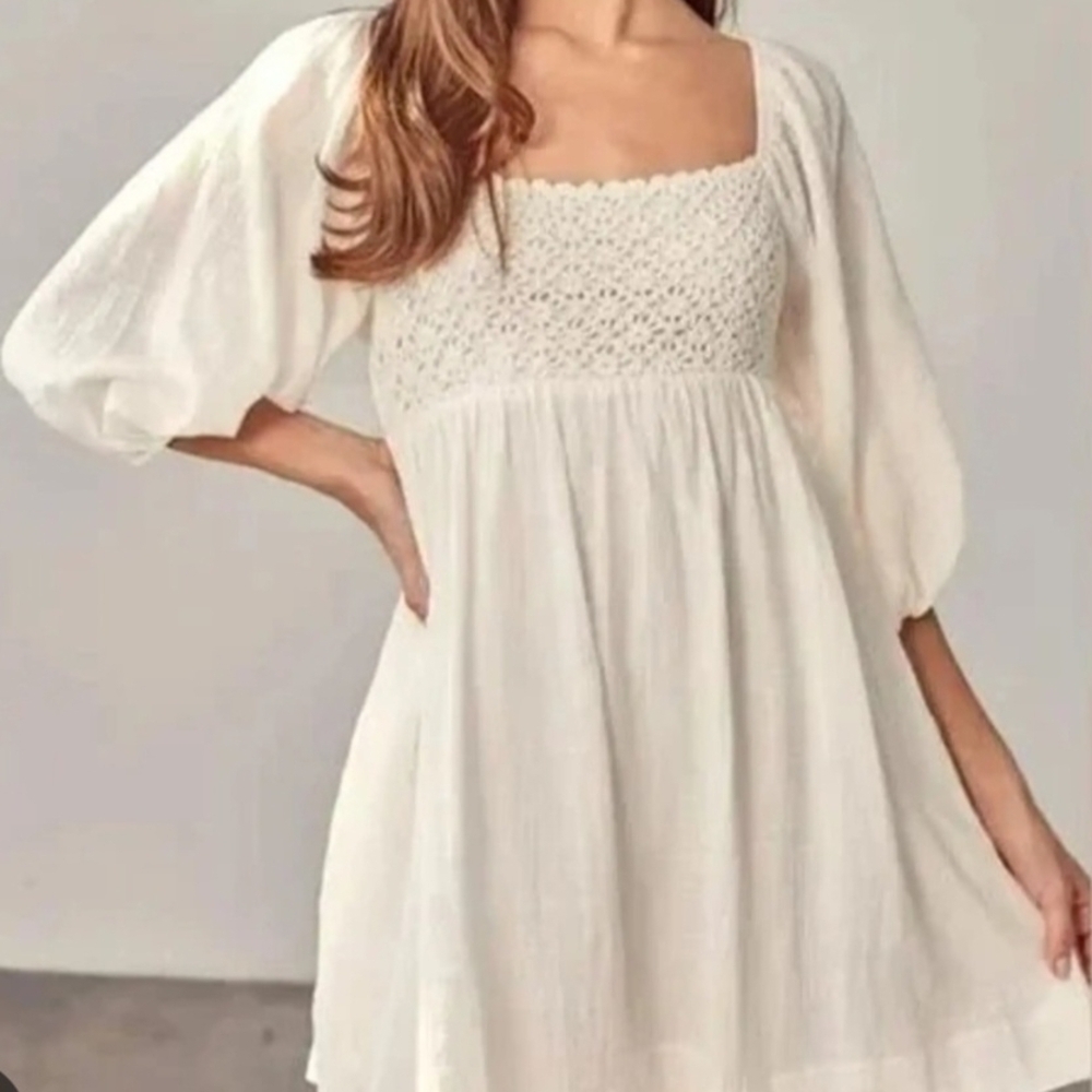Mustard Seed White Crochet Yoke Mini Dress